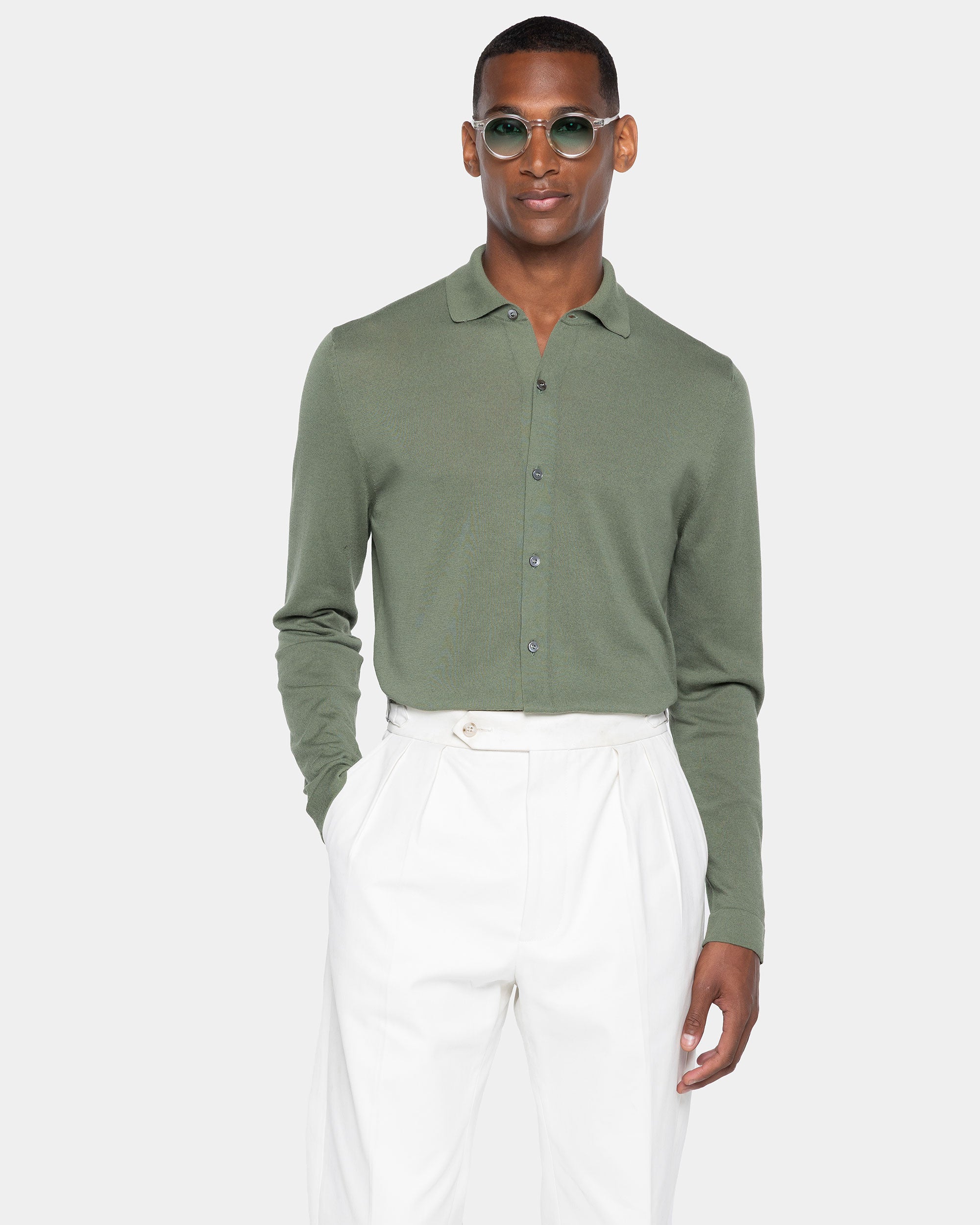 Military Green Long Sleeved Shirt Knitwear in Organic Cotton Mulberry Silk | Filatori