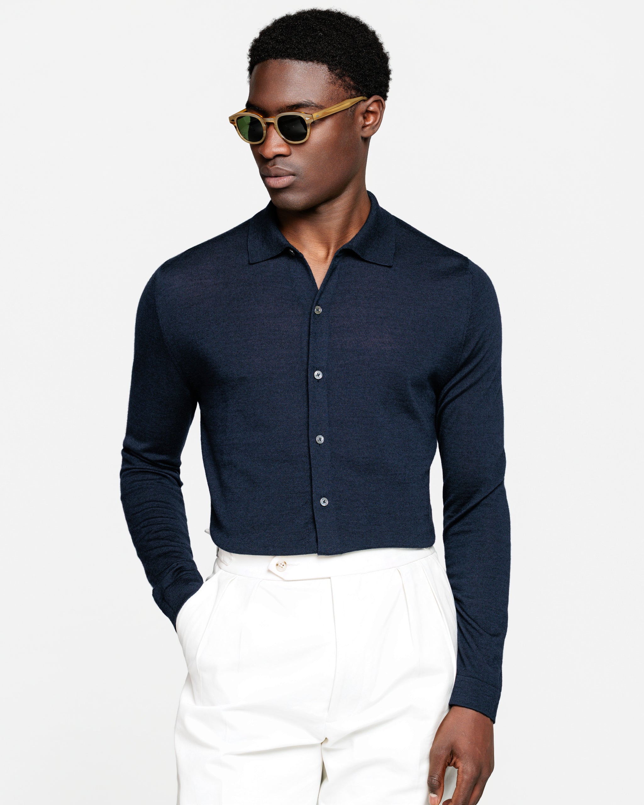 Navy Blue Long Sleeved Shirt Knitwear in Extrafine Merino Wool and Silk | Filatori 