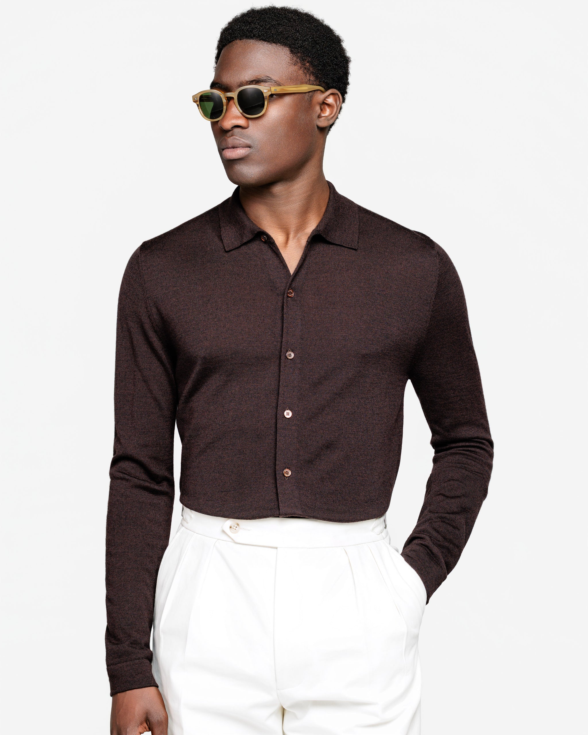 Brown Long Sleeved Shirt Knitwear in Extrafine Merino Wool and Silk | Filatori 