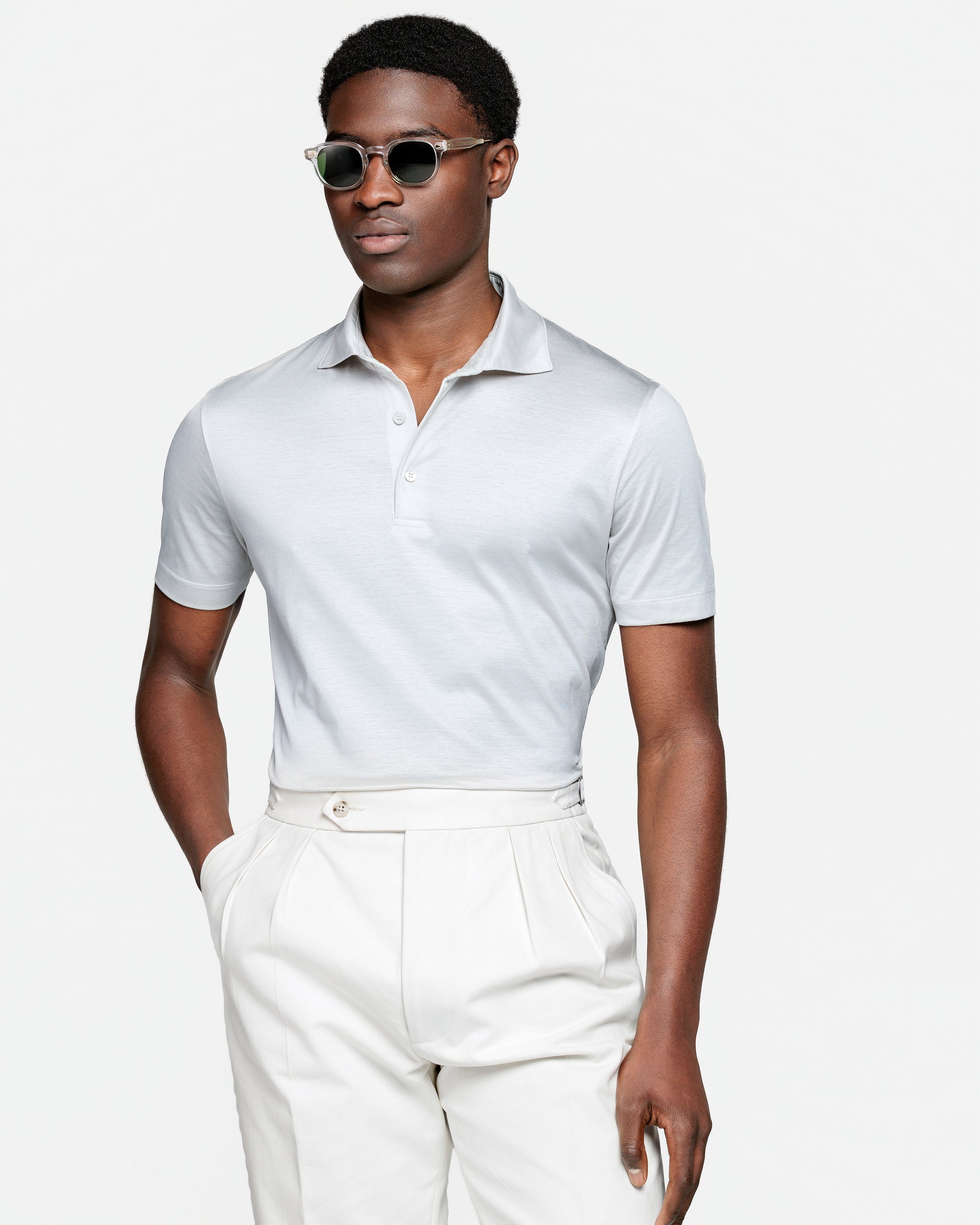 Pearl Grey Short Sleeve Classic Three-Button Polo 100% Egyptian Cotton | Filatori