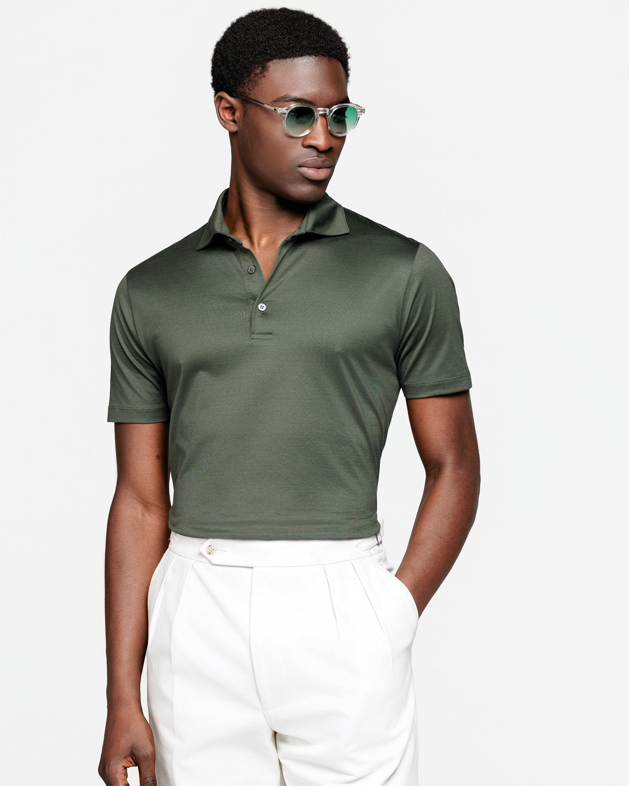 Military Green Short Sleeve Classic Three-Button Polo 100% Egyptian Cotton | Filatori