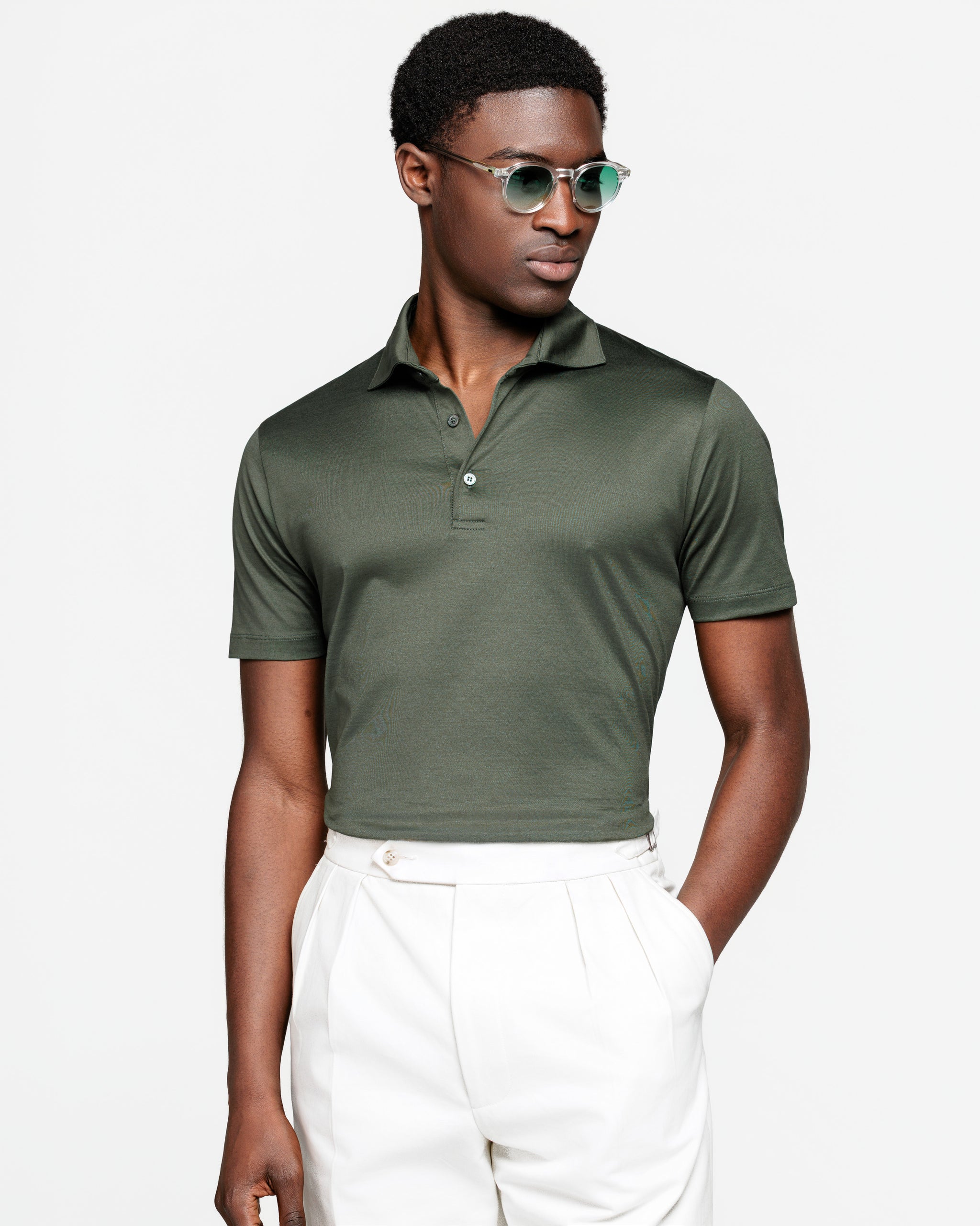 Military Green Short Sleeve Classic Three-Button Polo 100% Egyptian Cotton | Filatori
