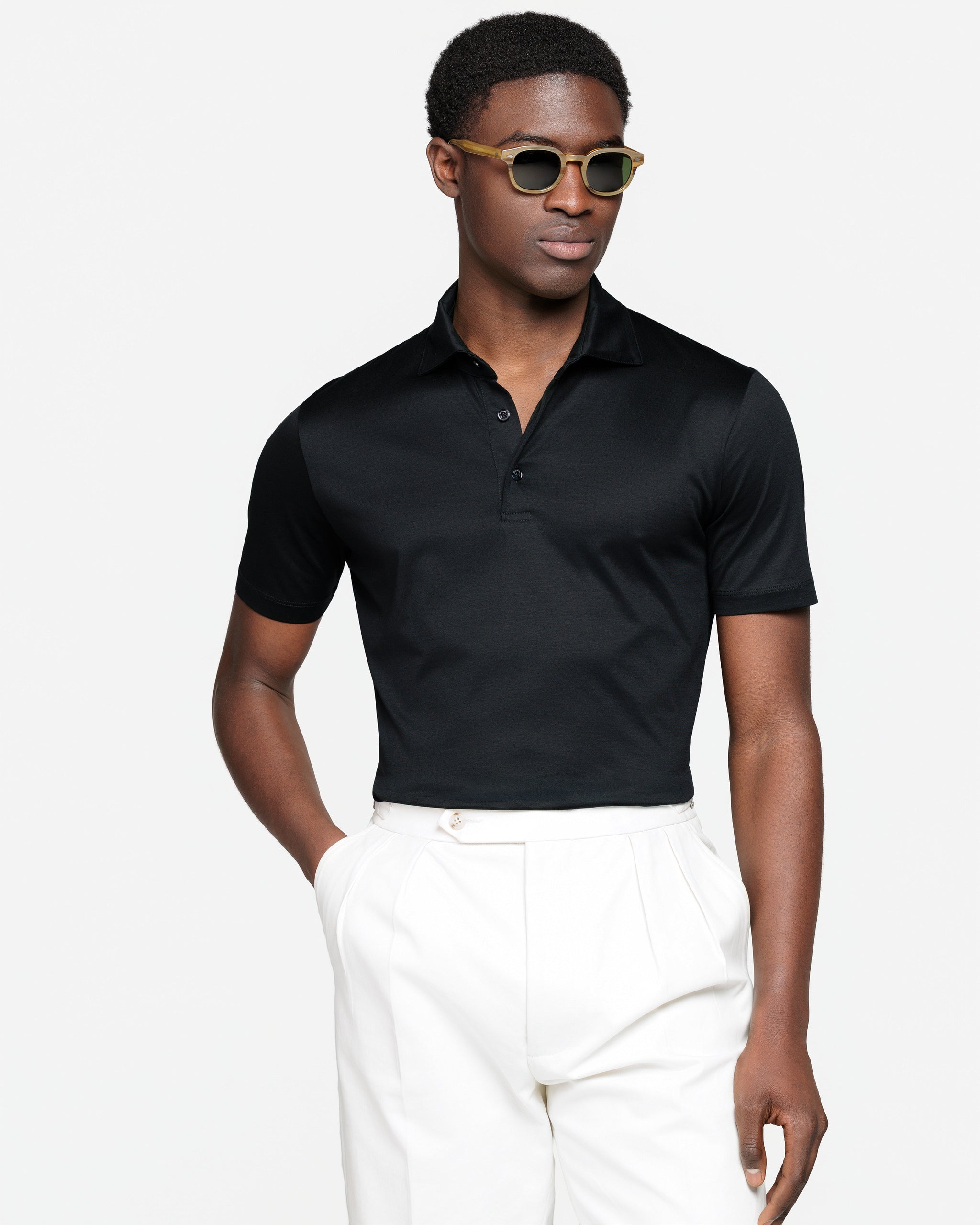 Black Short Sleeve Classic Three-Button Polo 100% Egyptian Cotton | Filatori