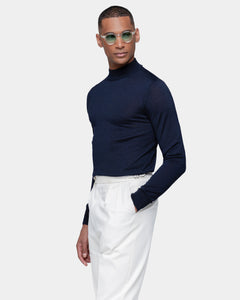 Blue Long Sleeved Highneck Knitwear in Cashmere Mulberry Silk | Filatori