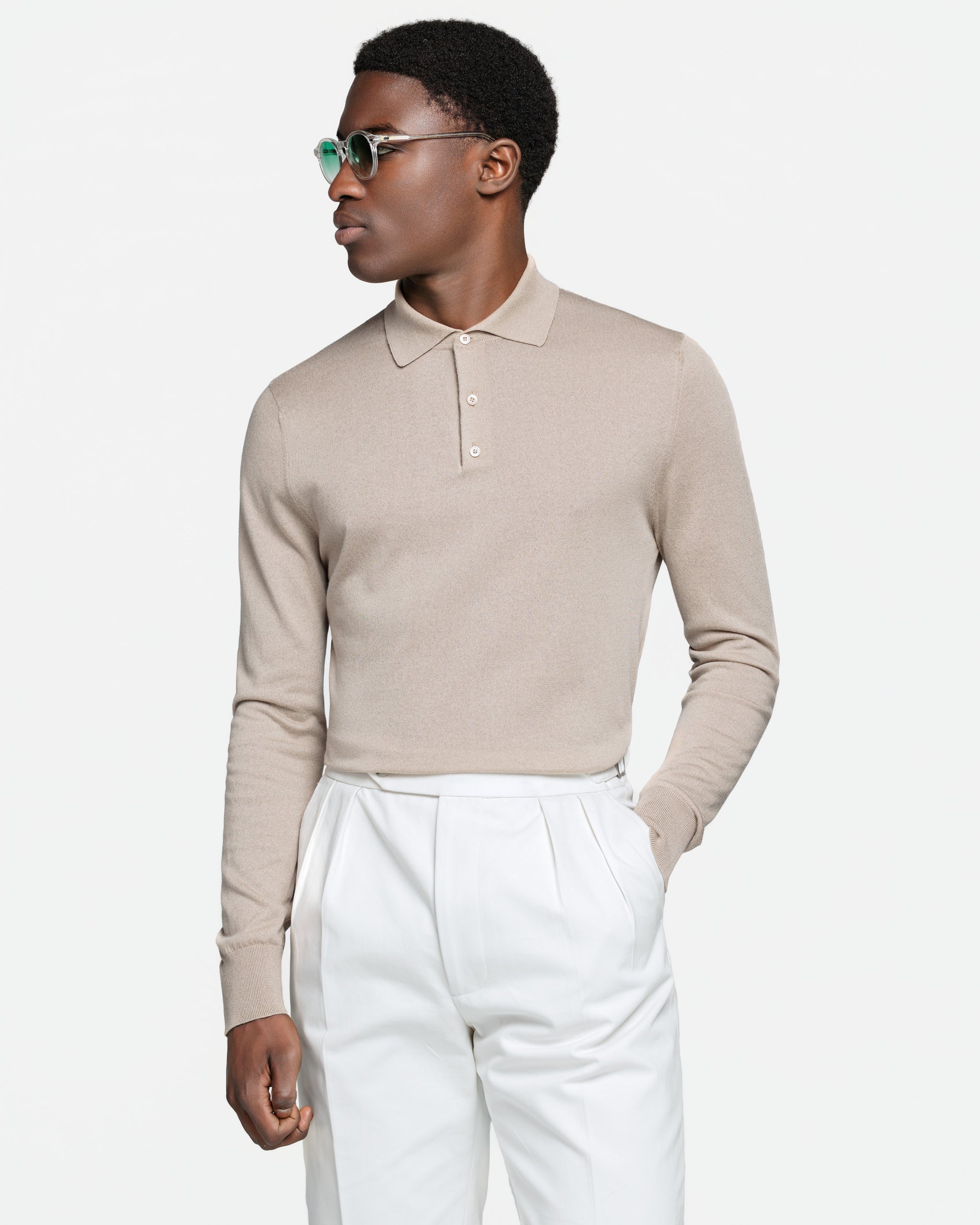 Almond Long Sleeved Polo Knitwear in Organic Cotton Mulberry Silk | Filatori