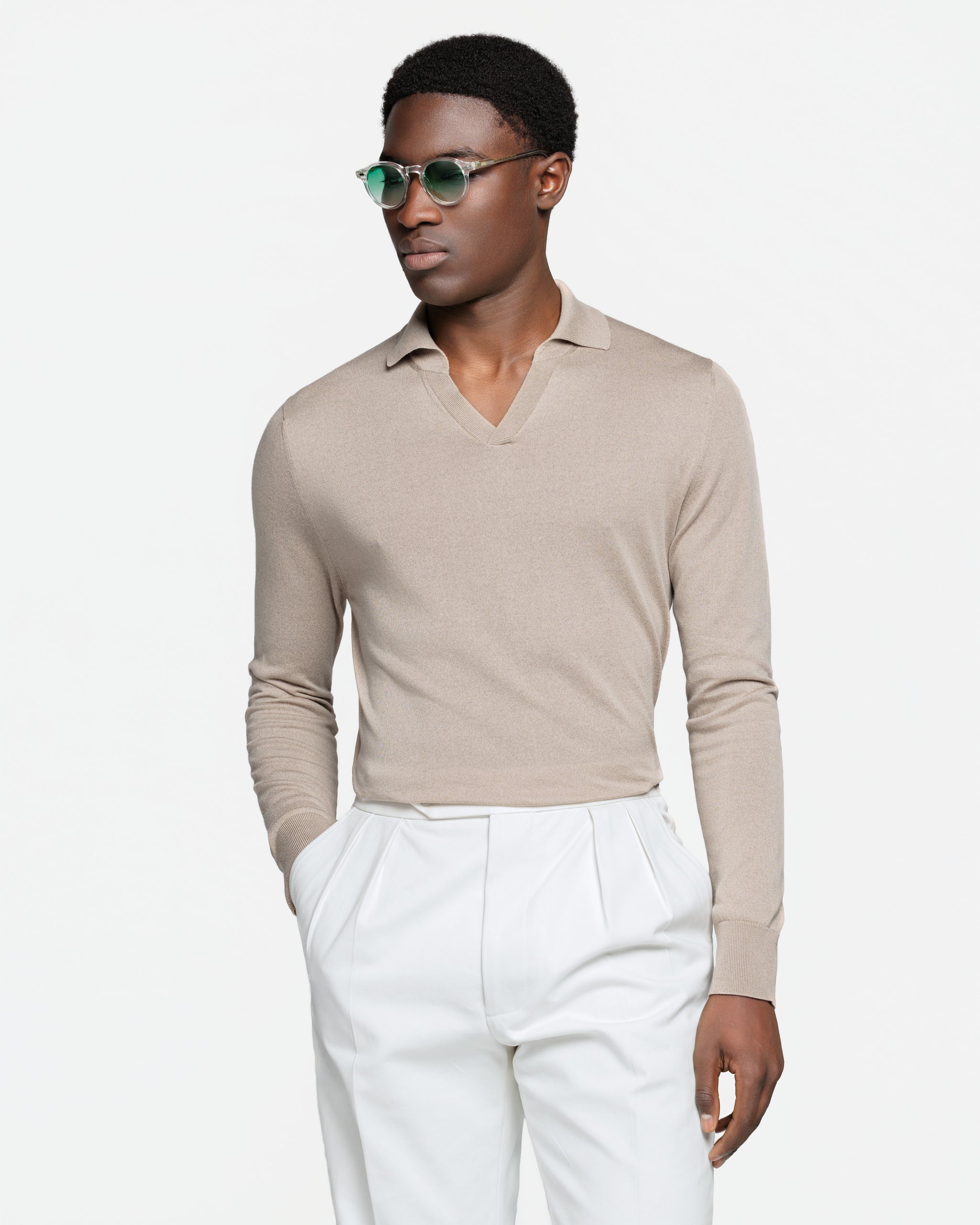 Almond Long Sleeved Buttonless Polo Knitwear in Organic Cotton Mulberry Silk | Filatori