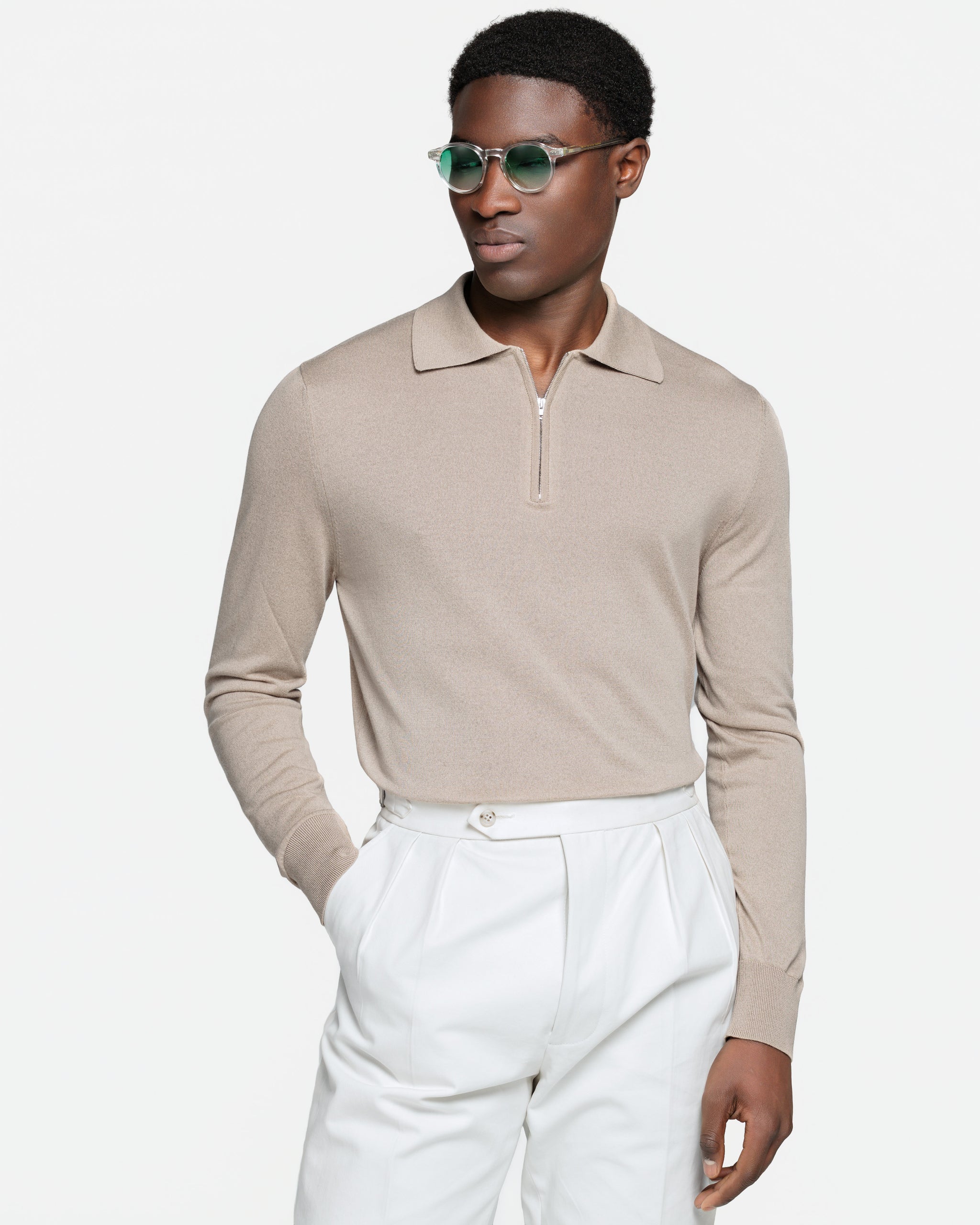 Almond Long Sleeve Zip Polo Knitwear in Organic Cotton Mulberry Silk | Filatori