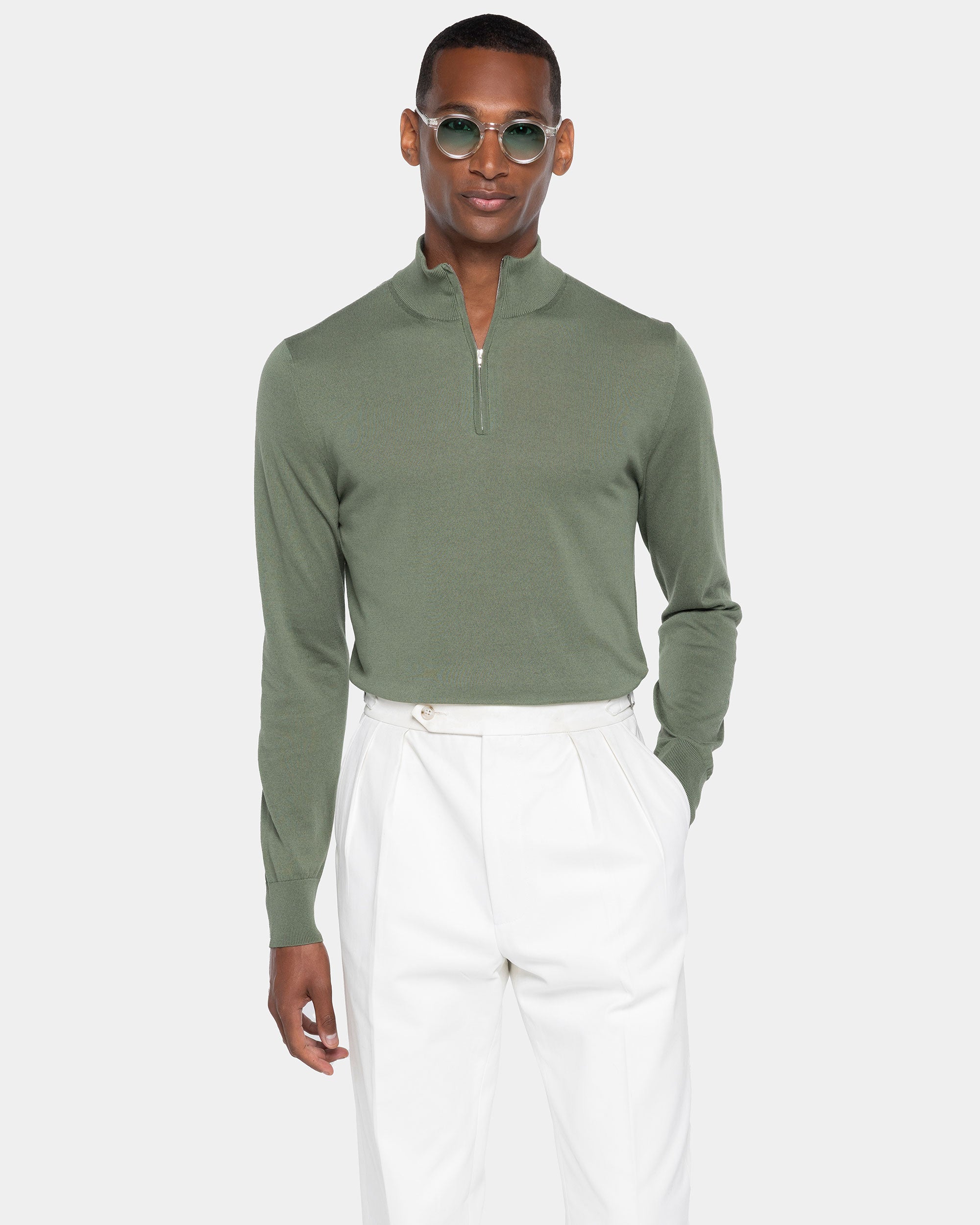 Military Green Half Zip Knitwear in Organic Cotton Mulberry Silk | Filatori