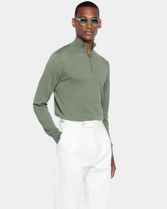 Military Green Half Zip Knitwear in Organic Cotton Mulberry Silk | Filatori