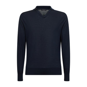 Blue Long Sleeved Buttonless Polo Knitwear in Organic Cotton Mulberry Silk | Filatori