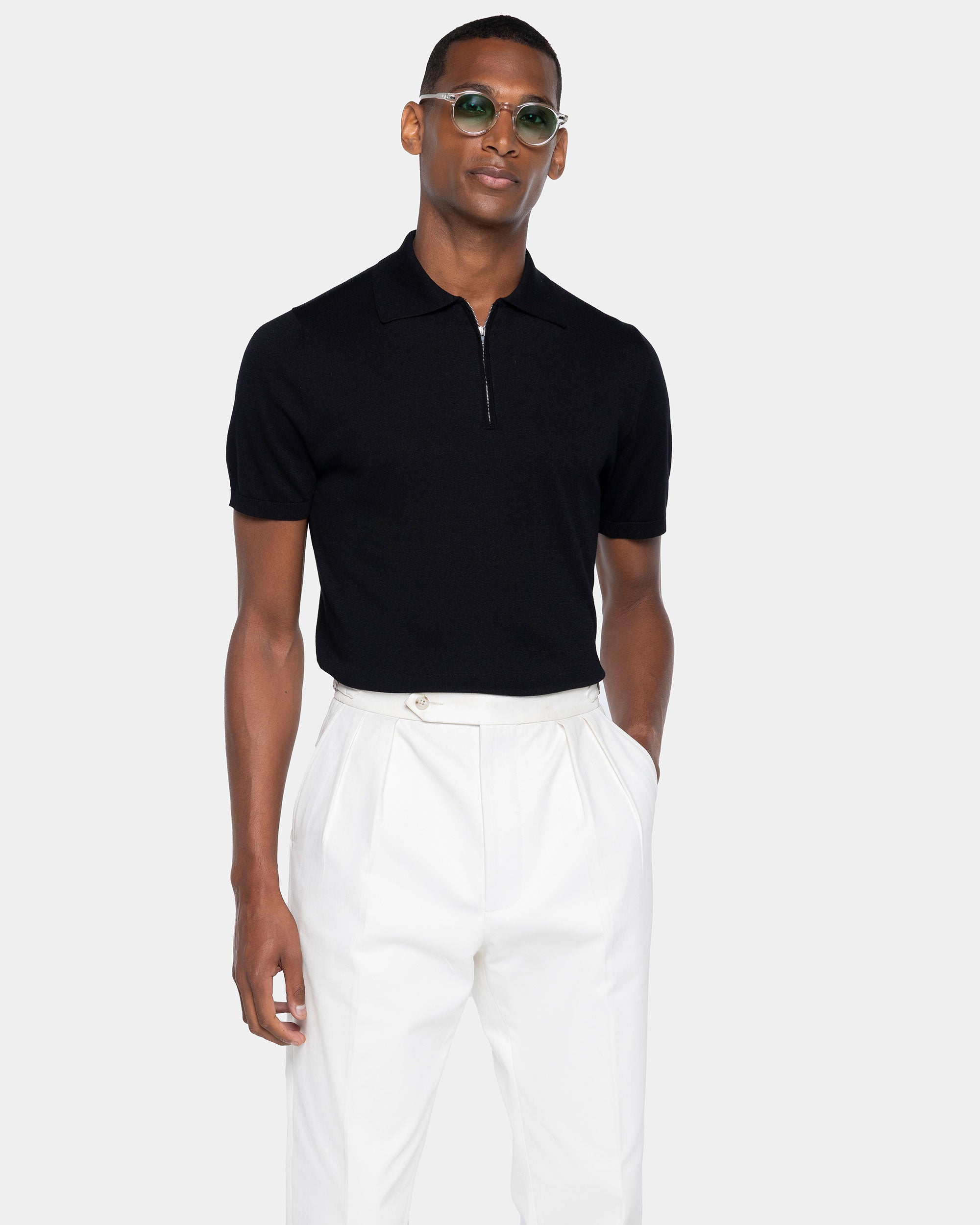 Black Short Sleeve Zip Polo Knitwear in Organic Cotton Mulberry Silk | Filatori