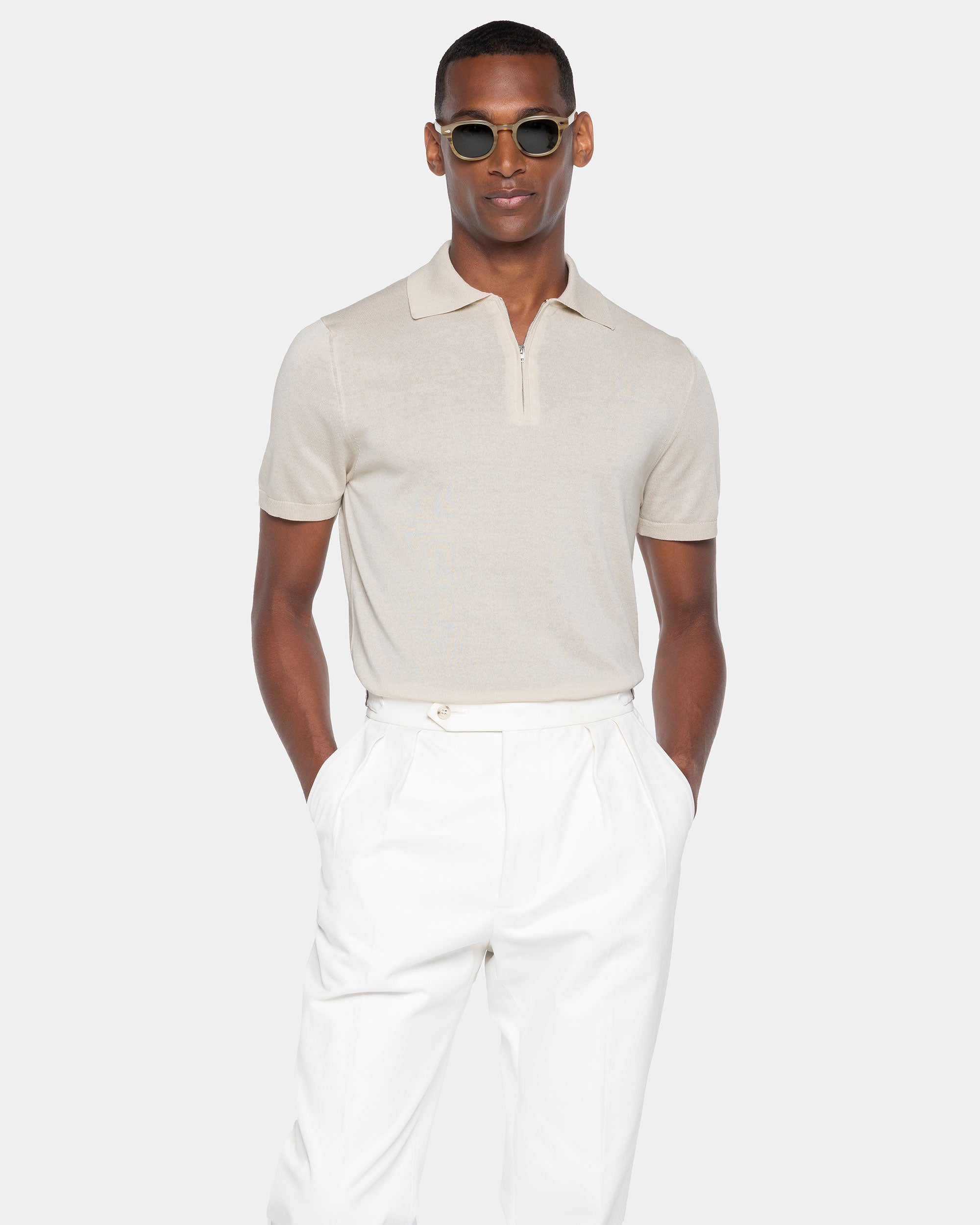 Sand Short Sleeve Zip Polo Knitwear in Organic Cotton Mulberry Silk | Filatori