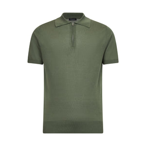 Military Green Short Sleeve Zip Polo Knitwear in Organic Cotton Mulberry Silk | Filatori