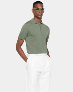 Military Green Short Sleeve Zip Polo Knitwear in Organic Cotton Mulberry Silk | Filatori