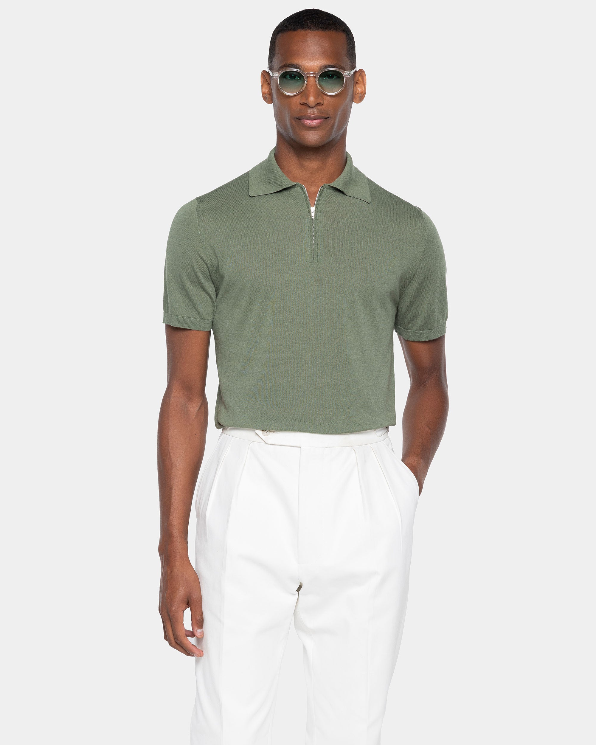 Military Green Short Sleeve Zip Polo Knitwear in Organic Cotton Mulberry Silk | Filatori