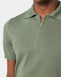Military Green Short Sleeve Zip Polo Knitwear in Organic Cotton Mulberry Silk | Filatori