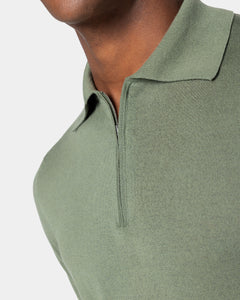 Military Green Short Sleeve Zip Polo Knitwear in Organic Cotton Mulberry Silk | Filatori