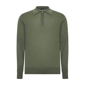 Military Green Long Sleeve Zip Polo Knitwear in Organic Cotton Mulberry Silk | Filatori