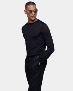 Black Long Sleeved Crewneck Knitwear in Extrafine Merino Wool and Silk | Filatori