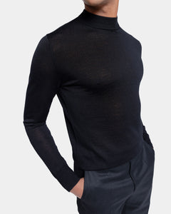 Black Long Sleeved Highneck Knitwear in Extrafine Merino Wool and Silk | Filatori