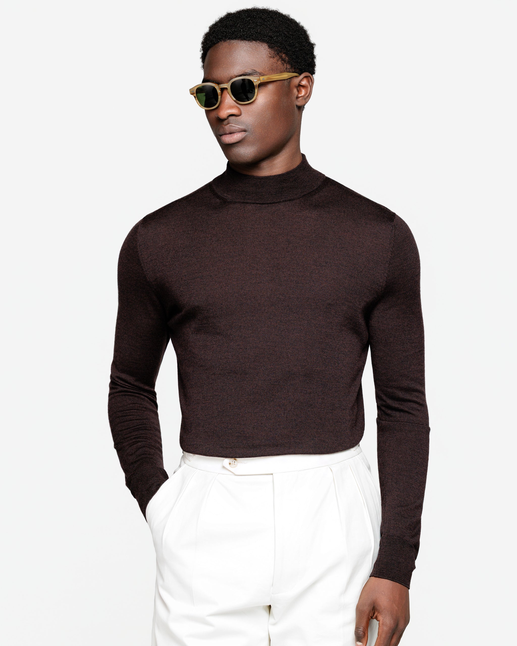 Brown Long Sleeved Highneck Knitwear in Extrafine Merino Wool and Silk | Filatori