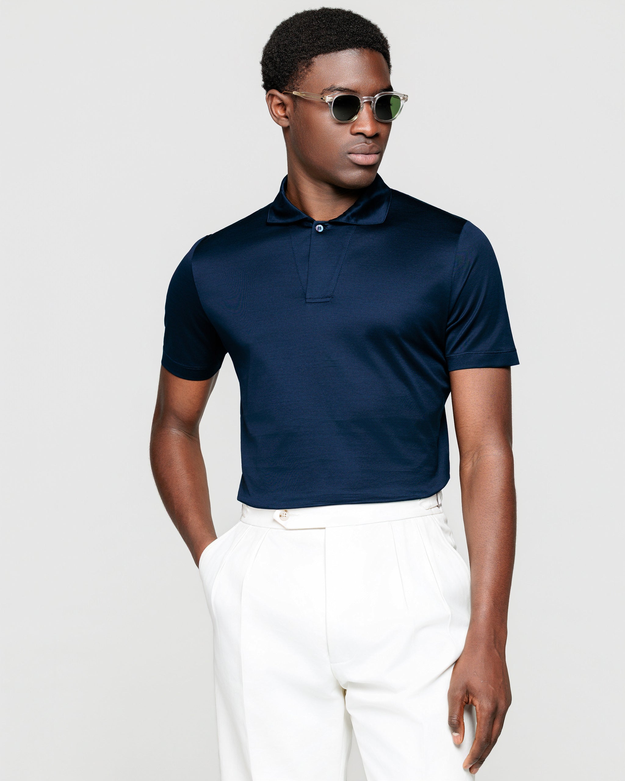 Blue Short Sleeve One-Button Polo 100% Cotton Micro Piqué 120/2 | Filatori
