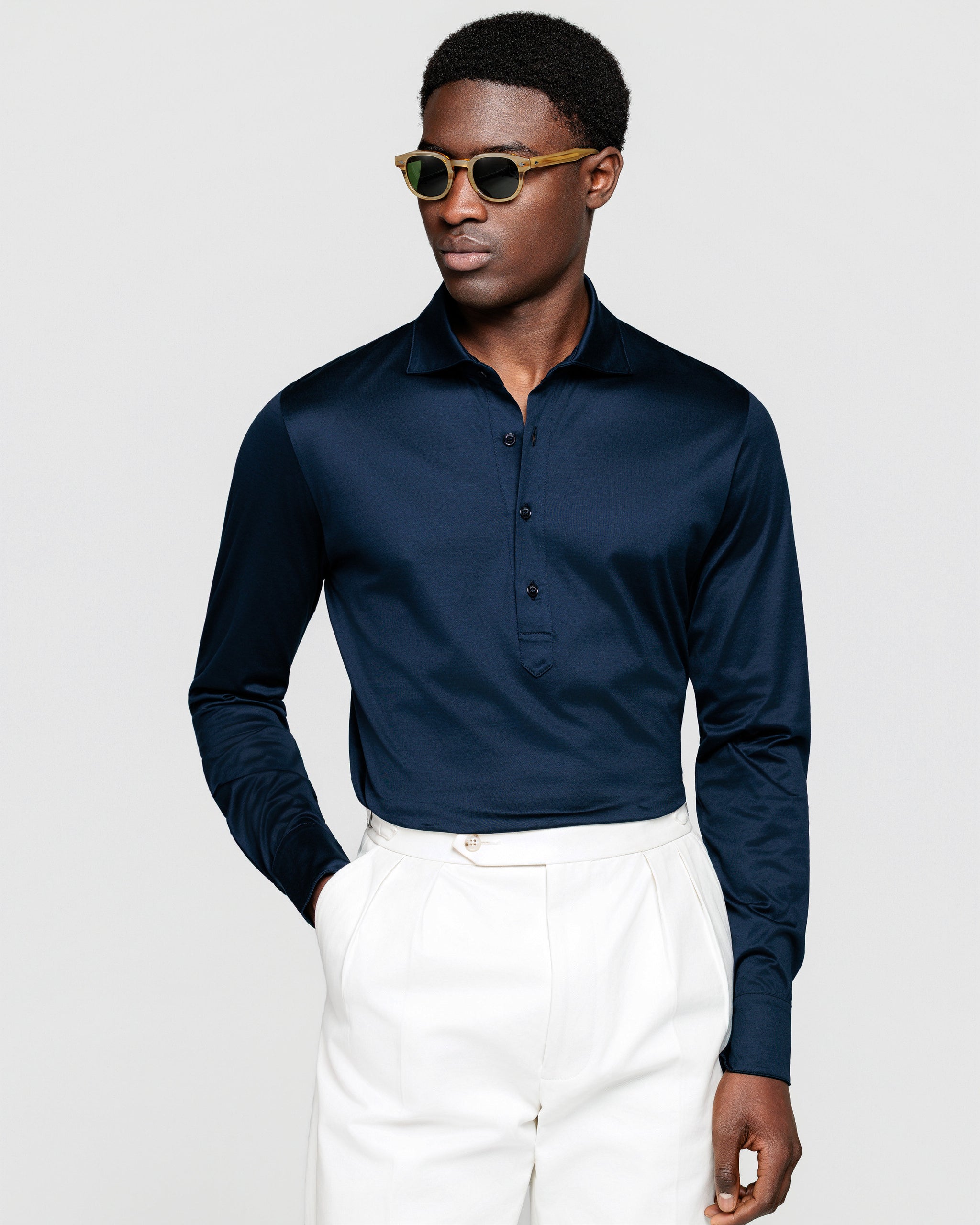 Navy Blue Long Sleeve Polo Shirt 100% Egyptian Cotton | Filatori