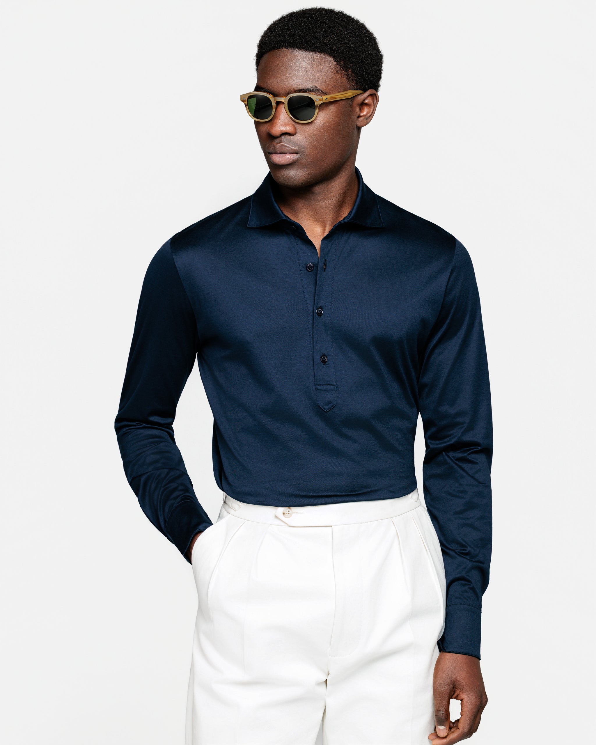 Navy Blue Long Sleeve Polo Shirt 100% Egyptian Cotton | Filatori