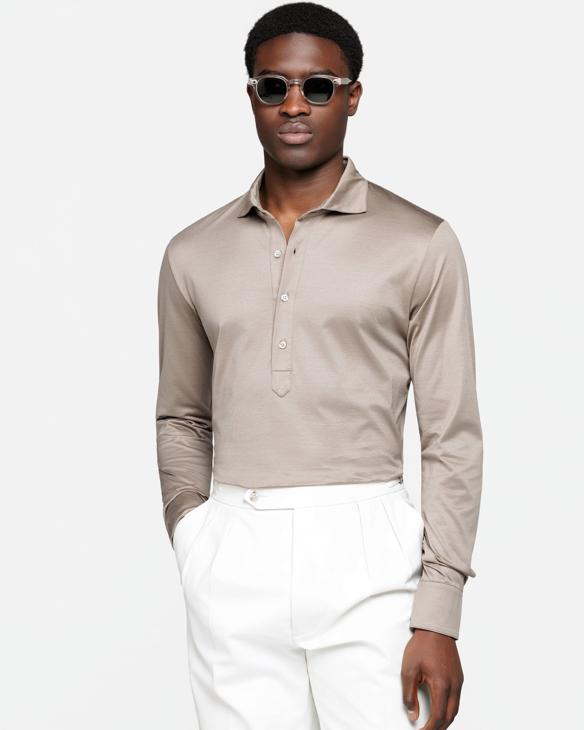 Taupe Long Sleeve Polo Shirt 100% Egyptian Cotton | Filatori