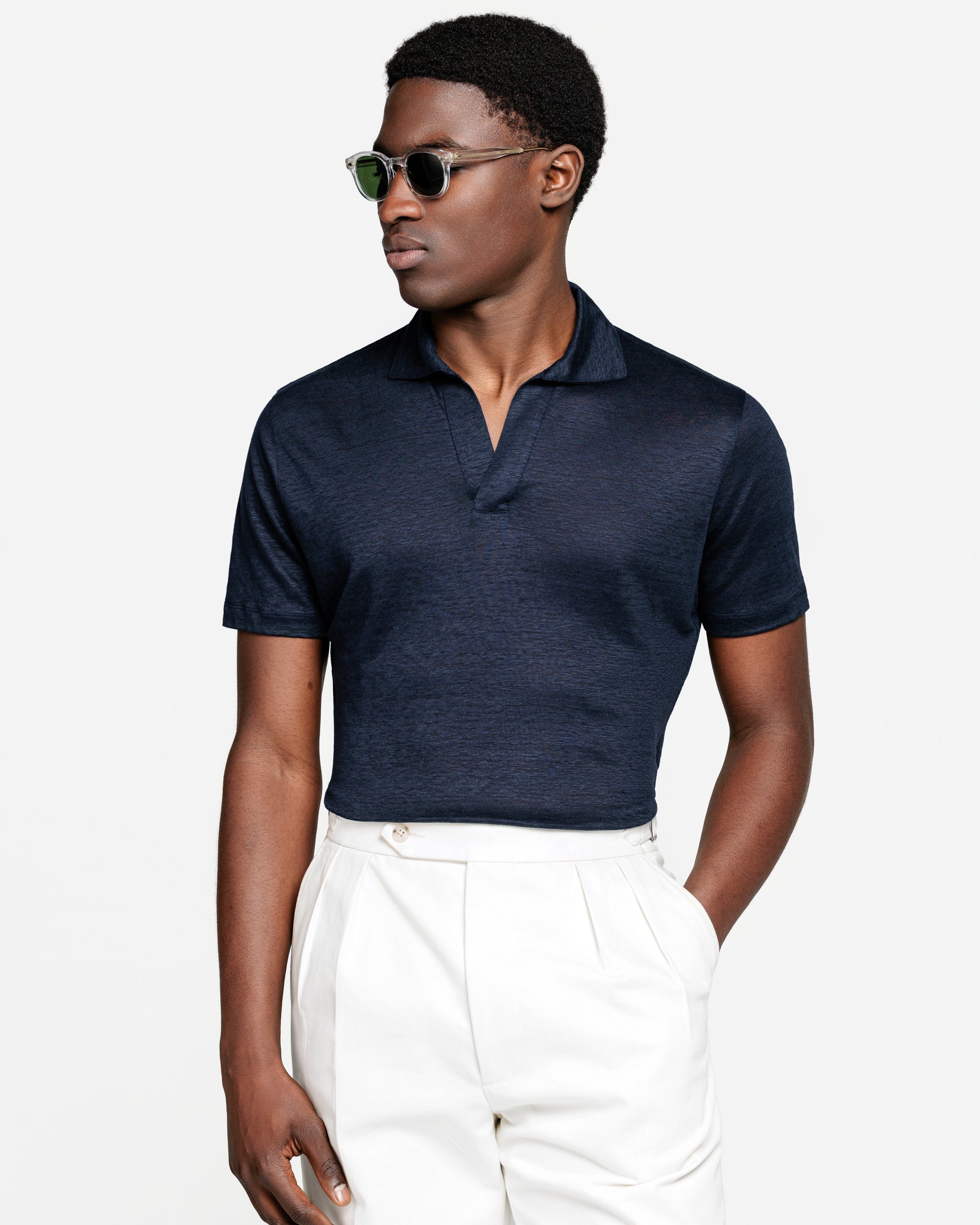 Blue Short Sleeve Buttonless Polo 100% Masters of Linen | Filatori