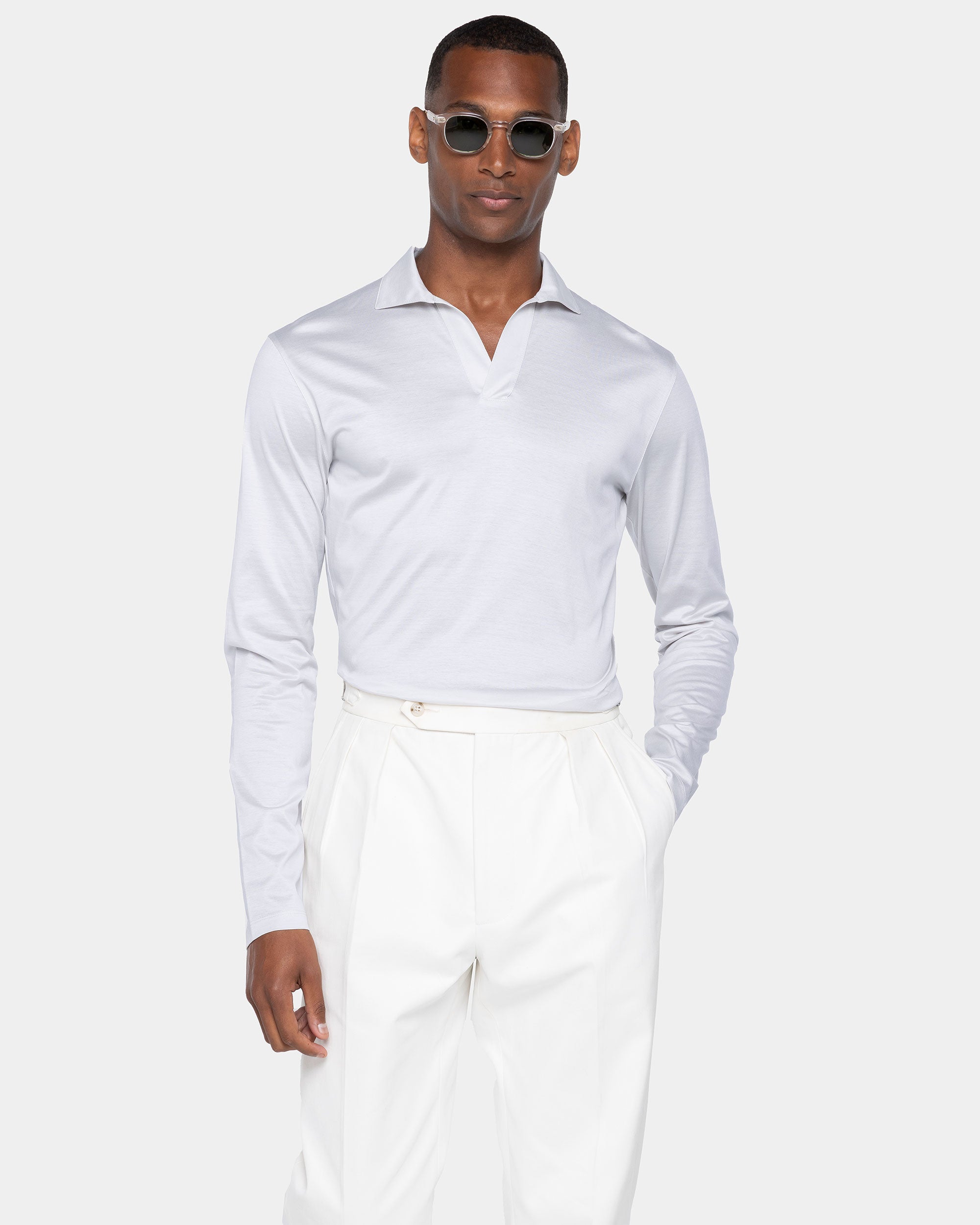 Pearl Grey Long Sleeve Buttonless Polo 100% Egyptian Cotton | Filatori