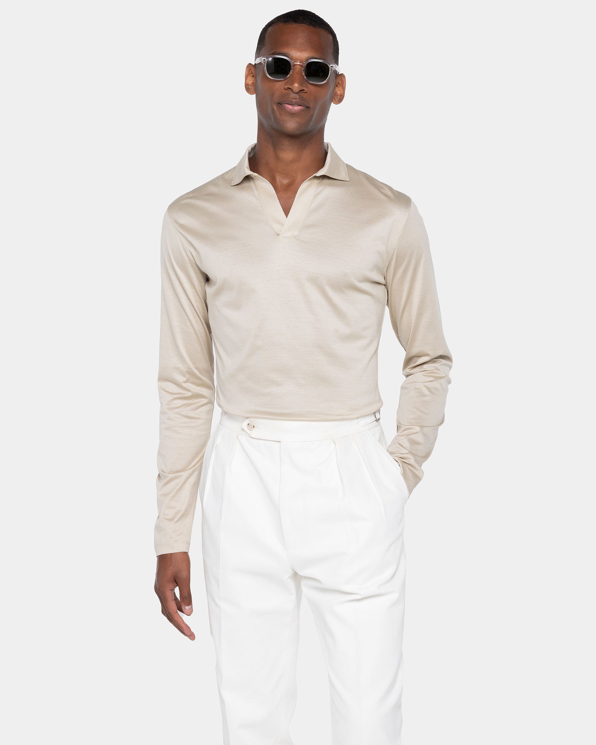 Sand Long Sleeve Buttonless Polo 100% Egyptian Cotton | Filatori